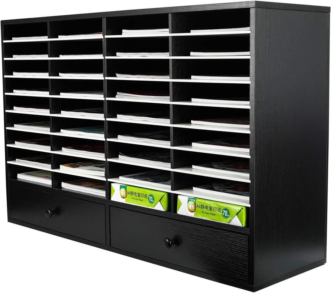 PAG Mail Sorter Organizer, Wood Literature Organizer, Student Mailbox for Classroom, Desktop Bill Paper Organizer for Office Home School, 38 Compartments, Black&White