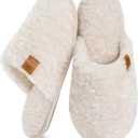 EverFoams Women's Fuzzy Slip-on Slippers Warm Cozy Soft Lightweight Memory Foam Indoor House Shoes (7-8, Cream White)