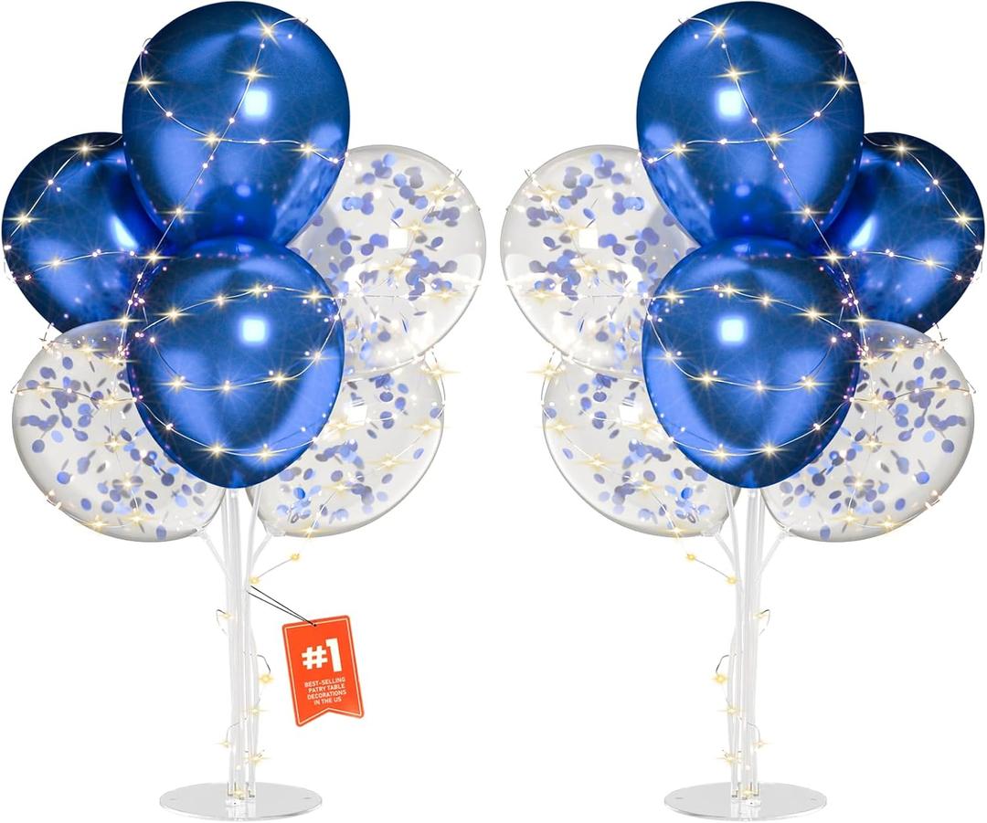 2Set Blue Balloons Stand, Balloons Stands for Table , Blue Balloons Centerpieces for Tables for Birthday, Baby Shower, Wedding, Anniversary Table Party Decorations With Light string