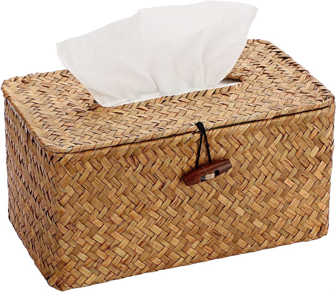 Sumnacon Tissue Box Cover Large Rectangle Tissue Box Seagrass Tissue Box Holder Woven Tissue Holder Decorative Tissue Cover for Bathroom Tissue Box Cover Rectangular for Home Office Table Coffee (Caramel)