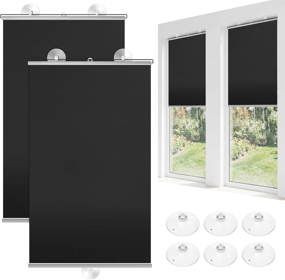 Moukeren 2 Pcs Black Blackout Roller Shades with 6 Suction Cups, 49" x 26.8" No Drilling Retractable Portable Window Blinds, Removable Temporary Blackout Shades for Home Office Bedroom Balcony