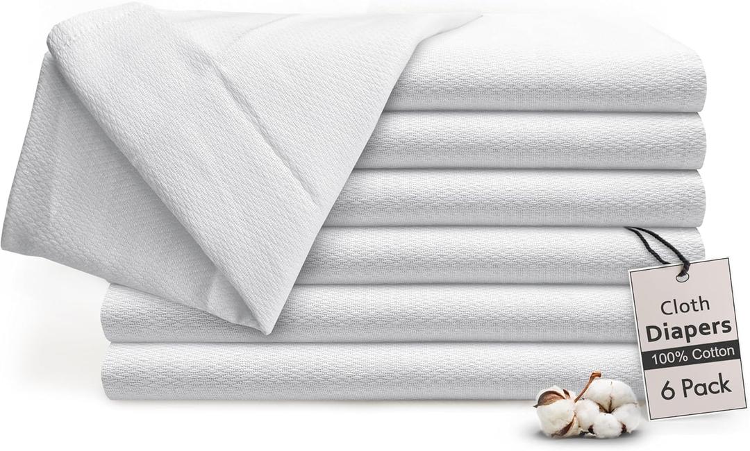 RUVANTI Unisex Birdseye Flat-Fold Cloth Diapers for Babies 6 Pack, 100% Cotton Reusable Diaper Inserts 23x23 Inches, White