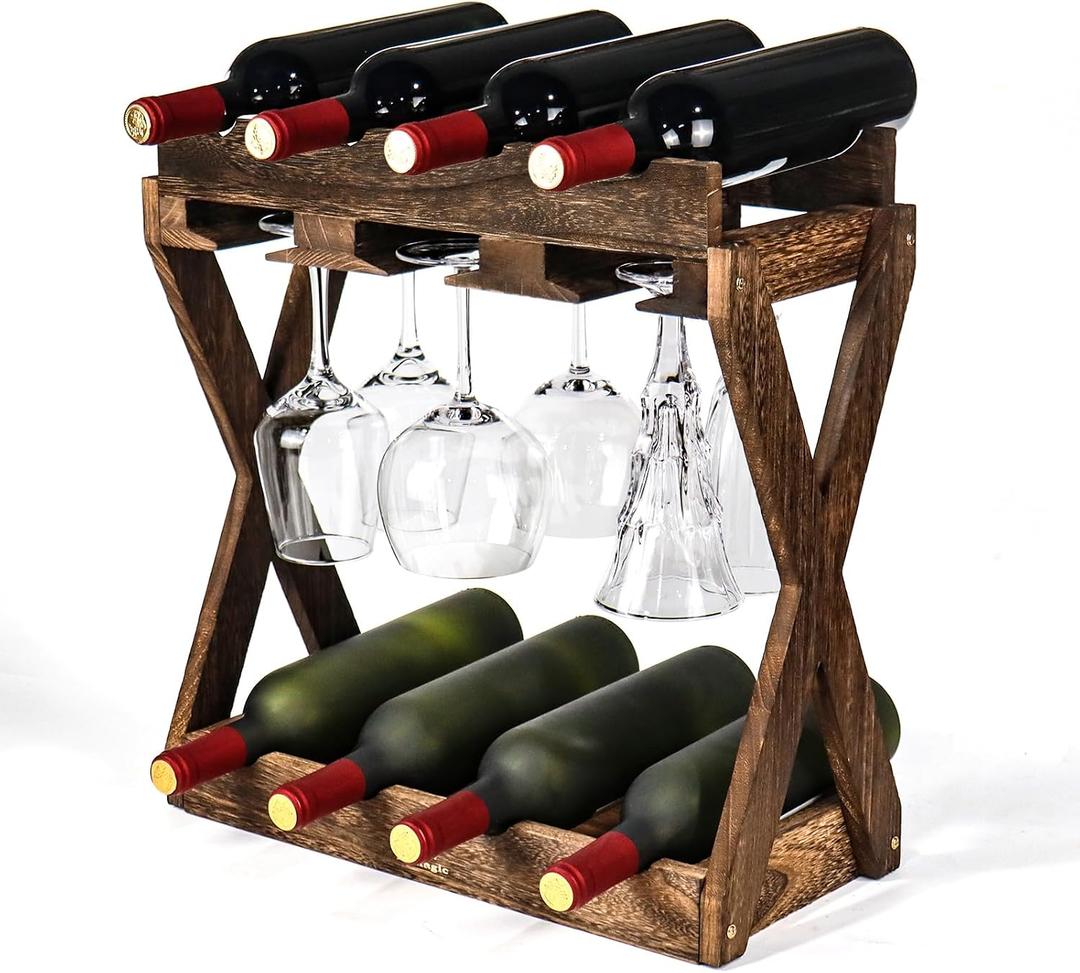 3-IN-1 Countertop Wine Rack with Glass Holder Store 8 Bottles, 6 Stemware Glasses and Wine Tools | Durable Wooden Wine Bottle Holder | Elegant Home Decor for Kitchen, Dining, and Living Room