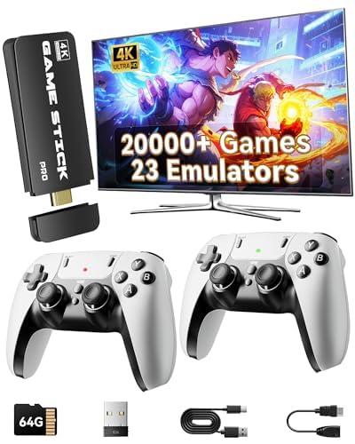 2025 Retro Gaming Console Pro 4K HDMI with 20,000+ Built-in Classic Video Games, Retro Game Stick with 23 Emulators Plug & Play TV Video Gaming Stick with 64GB Memory (Transparent Black) 2 Pack
