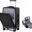 Somago Carry on Luggage Front Open 22x14x9 Airline Approved Lightweight Suitcase with Cup Holder and USB Port Aluminum Frame Polycarbonate Spinner Hard Suitcase with TSA Lock (Classic Black)