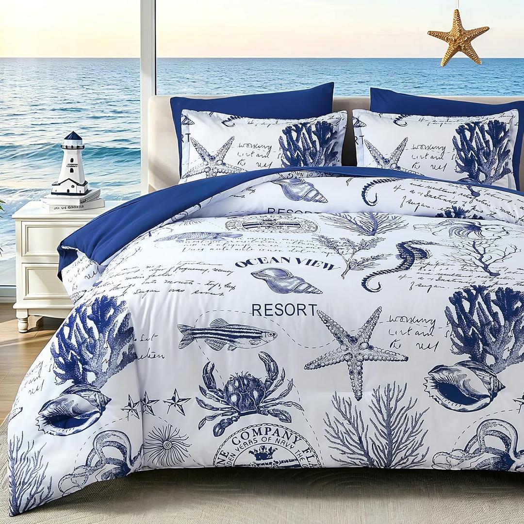 Coastal King Comforter Set 7 Piece, Soft Beach Themed Comforter, Summer Ocean Nautical Bed in a Bag Blue Bedding Sets for All Season 104''x90''