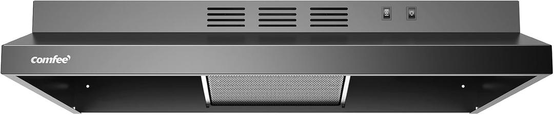 COMFEE' 30 Inch Under Cabinet Range Hood, 200 CFM Slim Stove Vent Fan in Black Finish, Ductless/Ducted Convertible Vent Hood for Kitchen, 2-Speed Exhaust Fan with 2 Reusable Filters