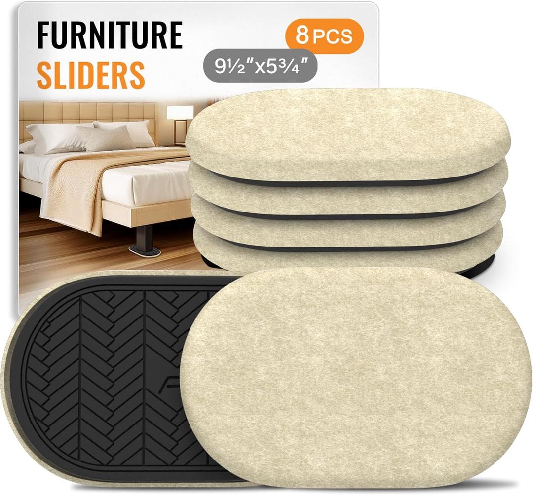 Furniture Sliders for Hardwood Floors Felt-8 Pack 9-1/2" Oval Reusable Furniture Slider with Extra Thick Design - Heavy-Duty Furniture Movers - Beige Felt Sliders Effortless Moving