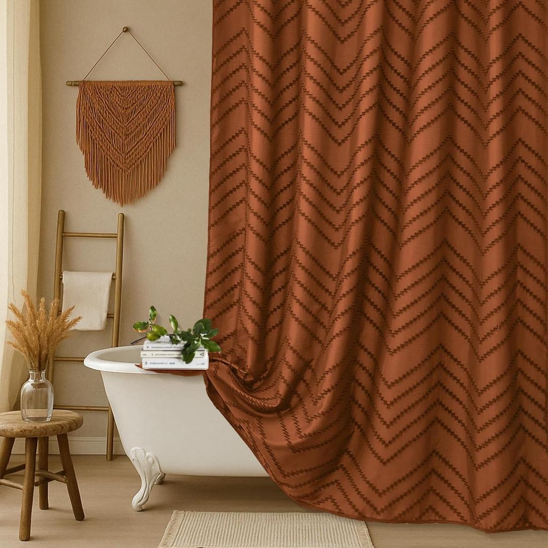 Extra Long Orange Boho Shower Curtain 84 inch Shower Curtain, Tufted Chevron Striped Modern Chic Textured Minimalist Bathroom Shower Curtain