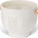 Metal Colander with Wood Handle and Stable Base, Powder Coated Steel Kitchen Strainer Basket for Draining Pasta, Vegetable and fruit (7quart,Cream)