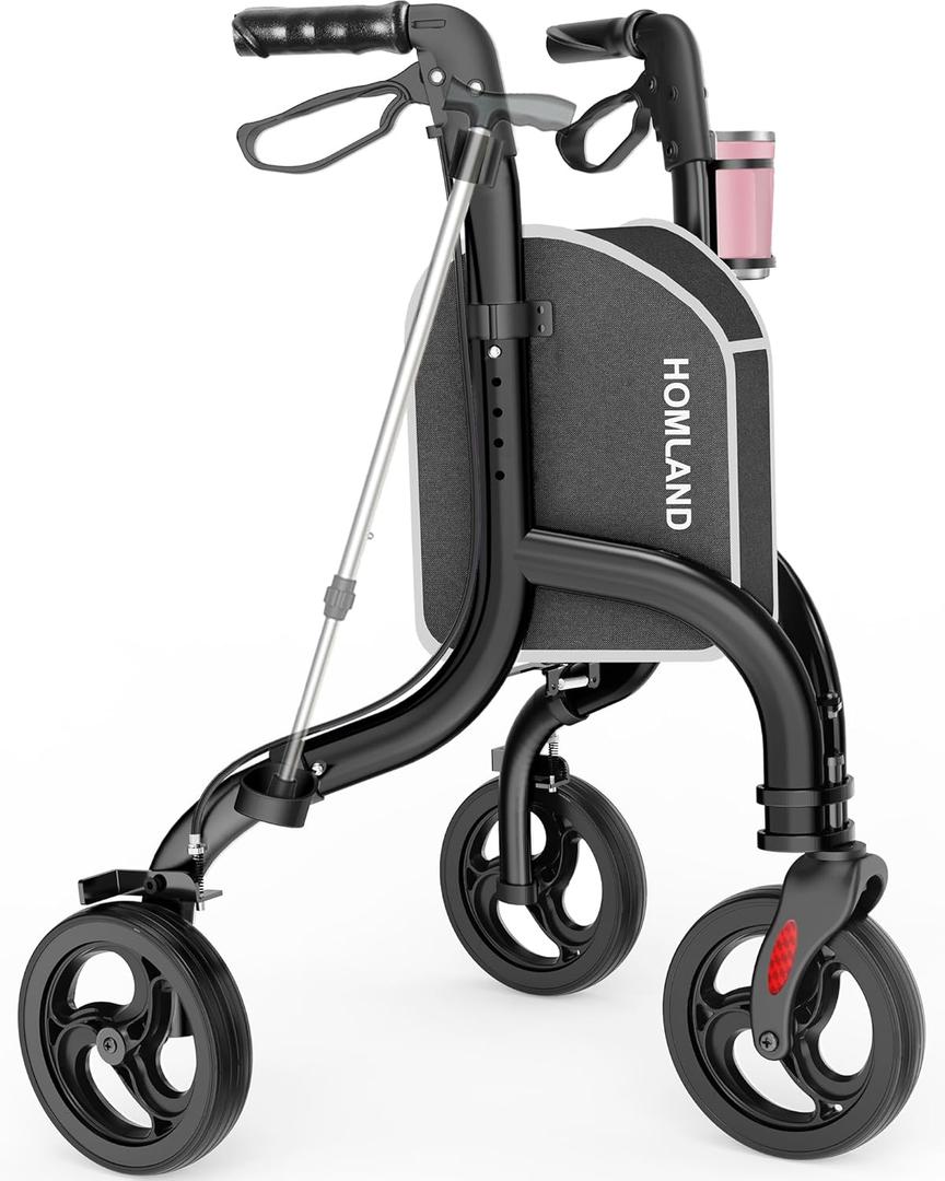HOMLAND 3 Wheel Walkers for Seniors, Foldable Wheeled Rollator with Cane Hold and Cup Hold, Lightweight Three Wheel Rolling Walker Height Adjustable for Seniors (260 Pound, Black)