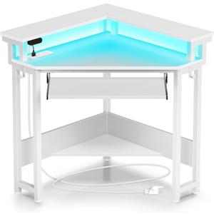 Rolanstar Corner Desk, 44.5" W x 34.5" H Small Computer Desk with Power Outlets, Gaming Desks with LED Lights, Triangle Corner Table with Keyboard Tray & Monitor Stand for Small Space, White