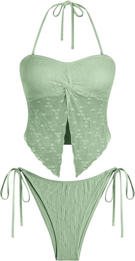 ZAFUL Floral Twist Bikini Set for Women Halter Tankini Tie Side String Swimsuit Two Piece Bathing Suit, S
