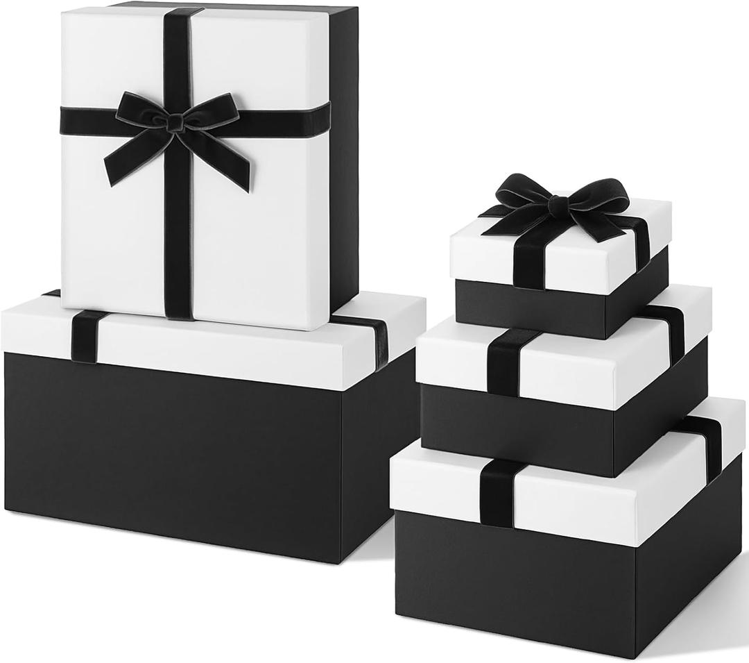 Cholemy Black 5 Pcs Square Gift Boxes for Christmas with Lid and Ribbon Assorted Size Nesting Decorative Box Wrap Boxes for Present Celebration Wedding Birthday Anniversary Party Favor