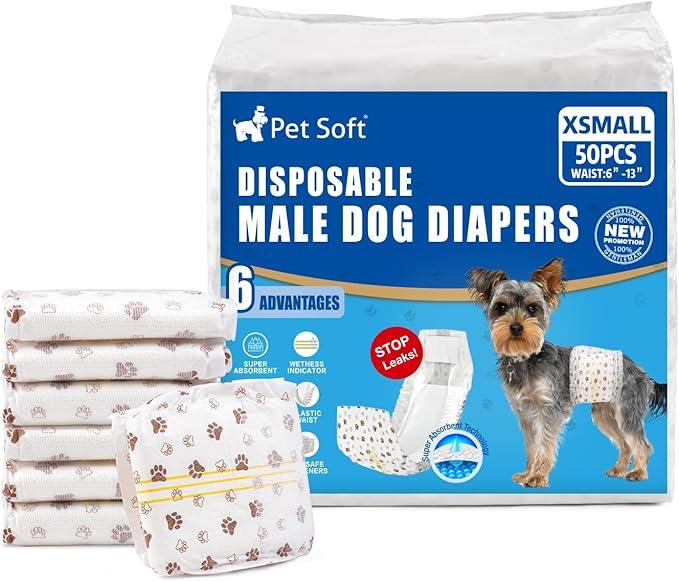 Pet Soft Dog Diapers Male  Disposable Male Dog Wraps Wetness Indicator, Ultra Absorbent Doggie Diapers Comfortable for Incontinence Excitable Urination, 50pcs XSmall