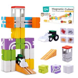 QBI Magnetic Blocks for Toddlers Ages 3+ | STEM Magnetic Block Tracks with Wheel Bulldozer & Tiles | 3D Colorful Magnet Building Blocks for Boys & Girls | Early Learning Sensory Toy – 21 Pieces