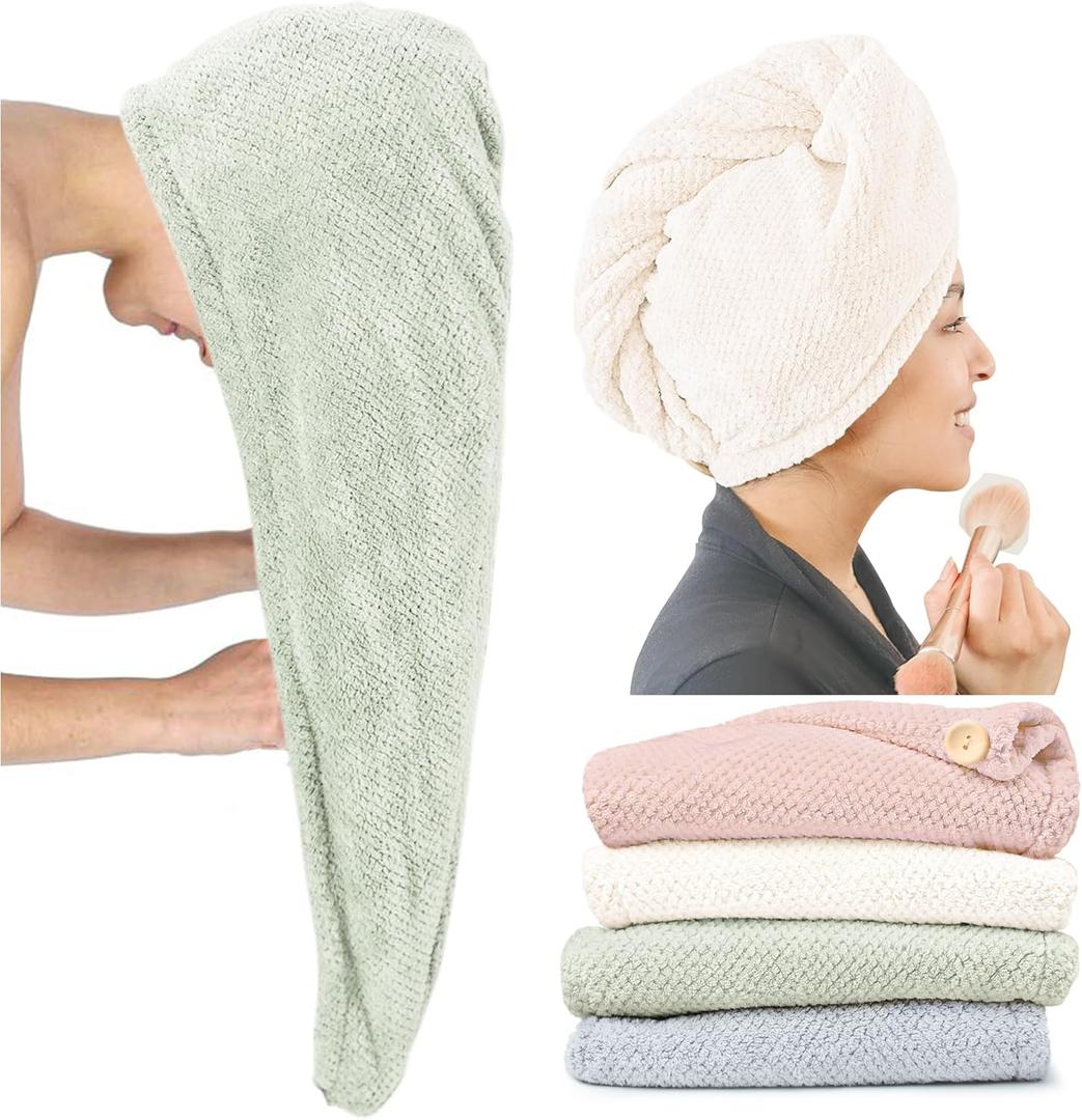 ROLSHOL Extra Large 4 Pack Microfiber Hair Towel Wrap for Women Super Absorbent & Quick Dry Hair Drying Towels with Button, Hair Turbans for Curly Hair Long & Short Hair - Anti-Frizz (Green, Pink, White, Blue)