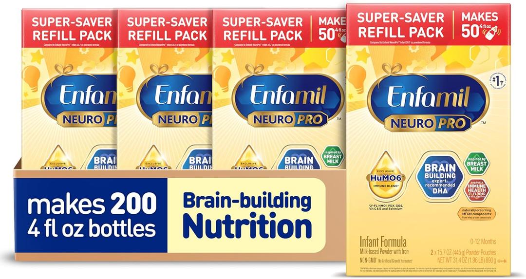 Enfamil NeuroPro Baby Formula, Infant Formula Nutrition, Triple Prebiotic Immune Blend, 2'FL HMO, & Expert-Recommended Omega-3 DHA, Perfect Choice for Baby Milk, Non-GMO, Refill Box, 31.4 Ounces (Pack of 4)