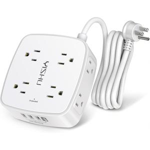 6 Ft Surge Protector Power Strip - 8 Widely Outlets with 4 USB Ports, 3 Side Outlet Extender with 6 Feet Extension Cord, Flat Plug, Wall Mount, Desk USB Charging Station, ETL,White