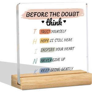 Think Themed Acrylic Plaque Inspirational Desk Decor, Motivational Encouragement Gift for Self Reminder, Uplifting Office Decor Sign for Students Coworkers Friends, Birthday Graduation Confidence Booster