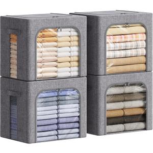 Lifewit Clothes Storage Bins with Metal Frame, Stackable Storage Box, Foldable Clothing Storage Bins with Lids, 40L Storage Bags Fabric Box Organizer with Clear Window Zippers Sturdy Handles 4 Pack