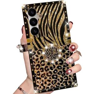 for Samsung Galaxy S25 Plus Glitter Kickstand Case, Cute Luxury Leopard Cheetah Print Pattern Ring Stand Golden Plating Bumper Elegant Shockproof Women Girls Case for Galaxy S25 Plus, Leopard