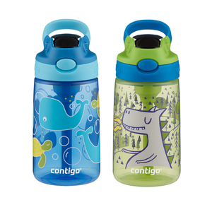 Contigo Aubrey Kids Water Bottle with Silicone Straw and Spill-Proof Lid, 14 oz, 2 Pack, Whales & Dragon