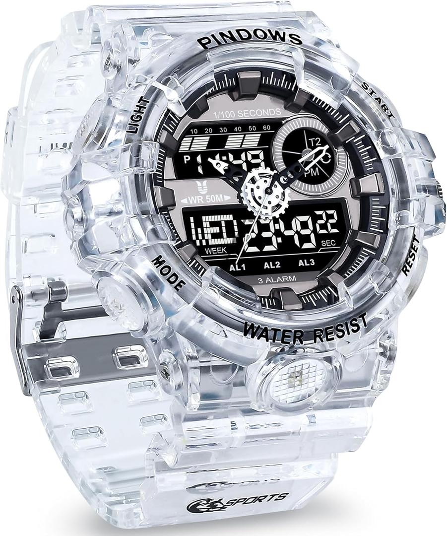 Watch for Men Watch Men Digital Sports Watch Large Digital Analog Dual Display Waterproof Watches with 3 Alarms Countdown Stopwatch Date Dual-Time LED Light Multifunctional Military Wrist Watches (Transparent)