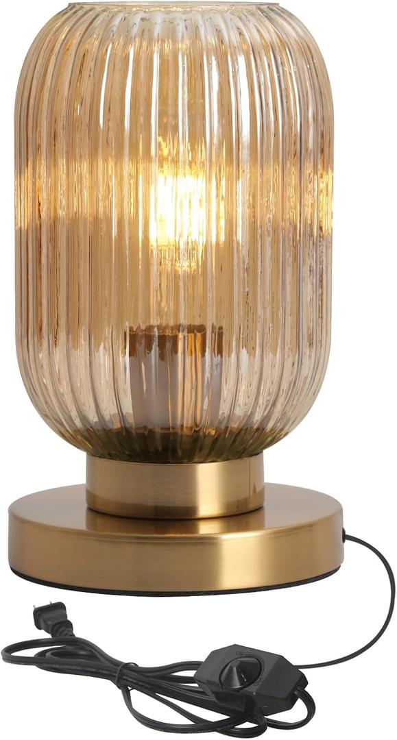 Bedside Table Lamp Dimmable Mid Century Modern Lamp Glass Table Lamps Globe Gold Desk Lamp Nightstand Light with Amber Pumpkin Design Ribbed Glass Shade for Bedroom Living Room Office, Amber 
