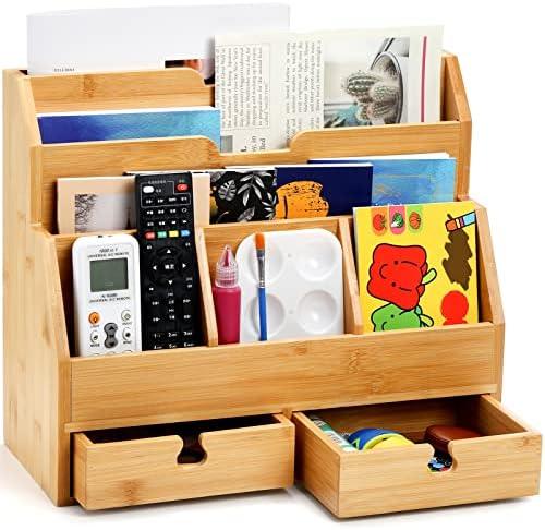 Youeon Bamboo Desk Mail Organizer with Drawers, Large Office Desk Organizer, Countertop Magazine File Holder, Desk Organizer and Sorter for File Letter Paper Office Supplies