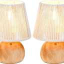 8-Inch Braided Cotton Rope Table Lamp - 2-Pack, Cordless Battery-Powered with Wooden Base, Ideal for Living Room, Bedroom, Dormitory, and Office