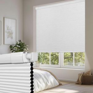 BERISSA No Drill No Tools Cordless Cellular shades,Classic solid fabric 100% Blackout Honeycomb Blinds for Window,Easy to Install Pull Down Shade Thermal Insulation for home,Blackout-White, 46"W