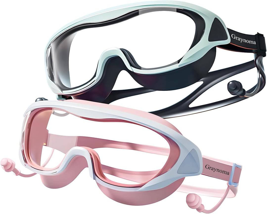 2 Packs Swim Goggles Attached Earplugs Anti-Fog UV Protection Swimming Goggles for Teens and Youths Aged 10-18 (Pink With Silver Blue)