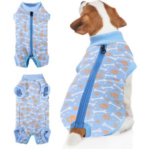 BENCMATE Dog Recovery Suit - Professional Pet Zip Up Onesie with Abdominal Wound Bandages, Substitute E-Collar & Cone (Small, Bones & Paws) (Small [Back Length: 11"])
