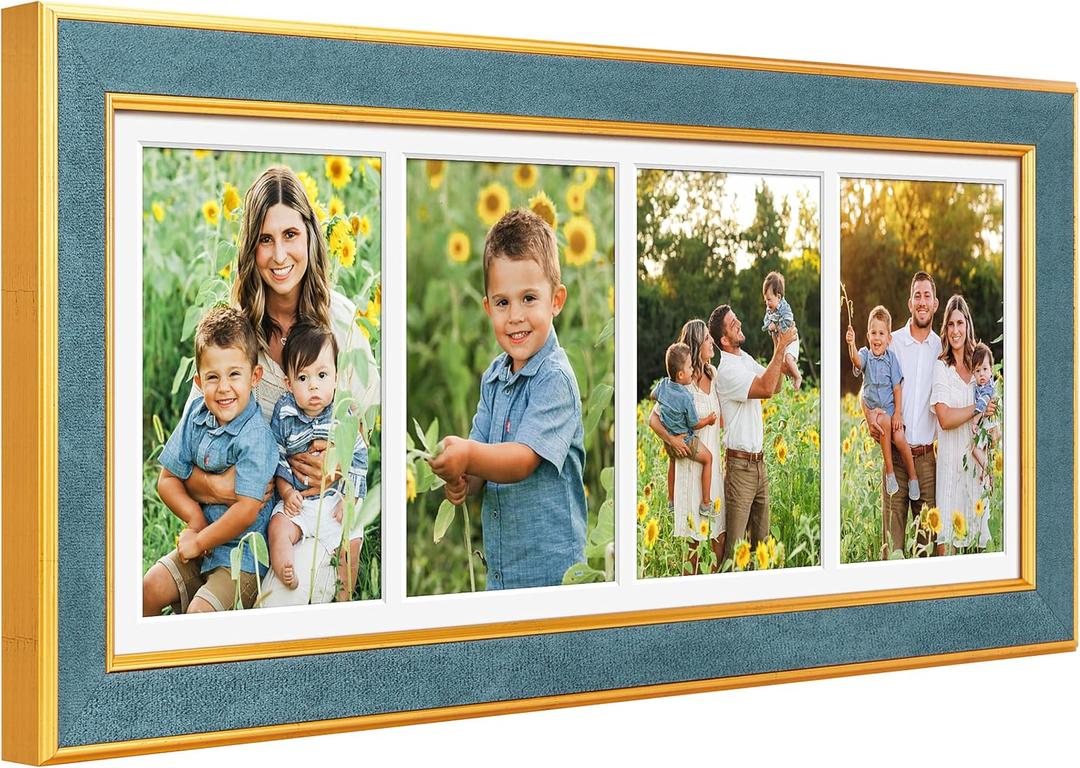 Suede 8x21 Picture Frame Display 4 Opening 5x7 Picture Frames Collage Wall Decor with Mat,Multi Photo Frame for Plexiglass,Wall Decor,1Pack,Blue