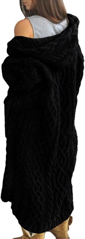 NIUBIA Womens Casual Long Sleeve Open Cardigan Warm Hooded Outwear Coat Cable Knit Long Cardigan Sweaters with Pockets (XX-Large, Dark Black)