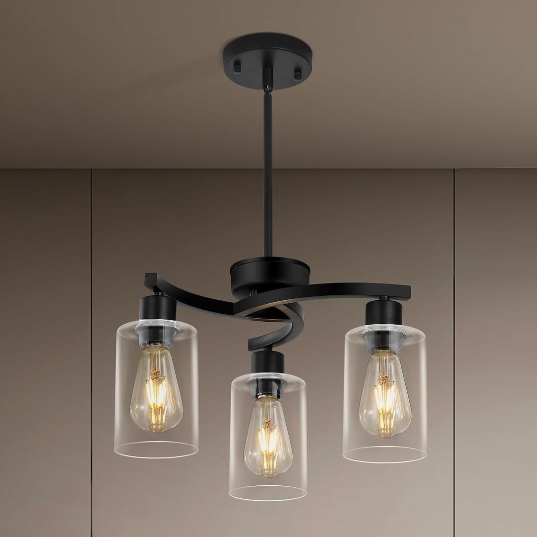 3 Light Modern Dining Chandeliers Over TableBlack Light Fixture for Dining RoomFarmhouse Chandelier with Glass ShadeIndustrial Pendant Lights Kitchen IslandFoyer,Hallway, Bedroom