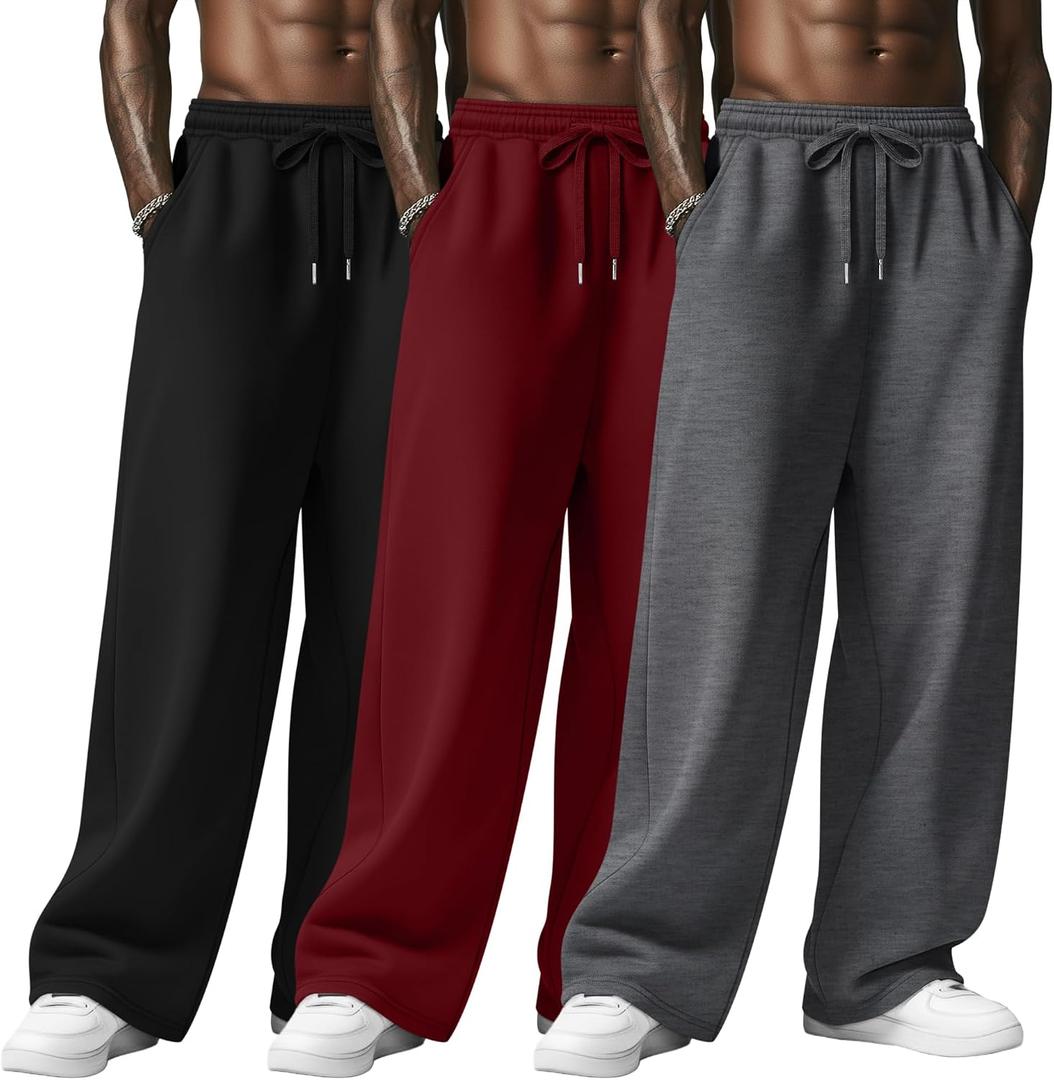 August Alley 3 Pack Men's Baggy Sweatpants Wide Leg Open Bottom Drawstring Pants Lounge Athletic Loose Joggers with Pockets 3XL