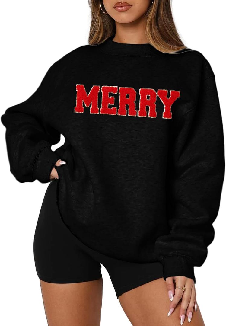 MAPICK Merry Sweatshirt for Women Christmas Fleece Linend Sequin Sweaters Crewneck Oversized Long Sleeve Pullover Tops (X-Large, Black)