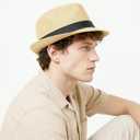 Straw Fedora Hat for Men Summer Short Brim Panama Hat Beach Casual (Beige)