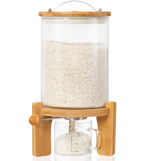 HBlife 5-7 Lbs Glass Rice Dispenser with Wooden Stand Flour and Cereal Container with Glass Measuring Cup Pantry Food Organization Storage Bin with Airtight Bamboo Lid, 3L