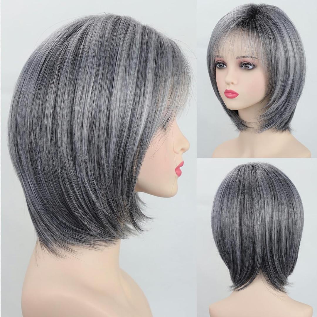RENERSHOW Ombre Grey Highlight Layered Short Bob Wig with Bangs for White Women Synthetic Salt and Pepper Wig Chin Length Mix Gray Straight Bob Wig for Daily Party