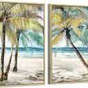 Abstract Palm Tree Paintings Framed: Tropical Seaside Coconut Tree Canvas Painting Golden Framed for Living Room (24''W x 36''H x 2 PCS, Multi-Sized)