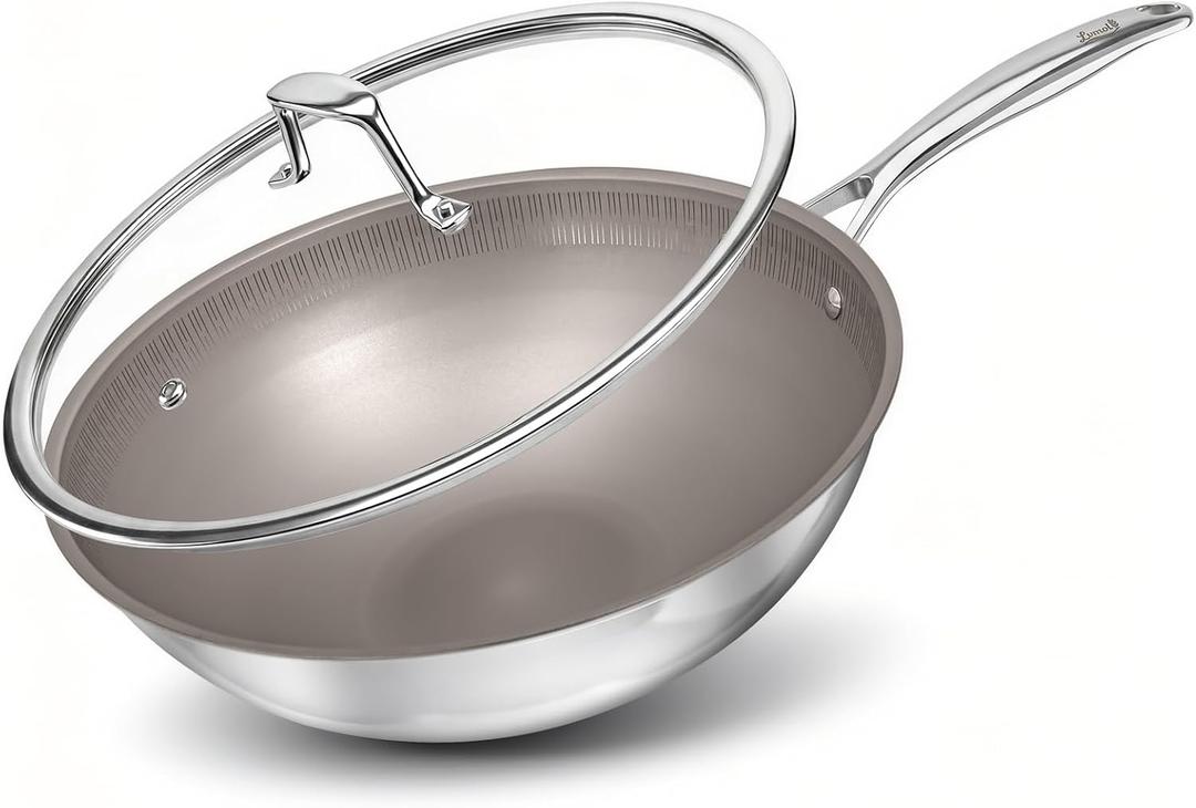 Titanium Wok Pan with Lid 12" Non-Toxic PFAS-Free Woks & Stir-fry Pans, Tri-Ply Titanium & Stainless Steel, Induction & Dishwasher Safe
