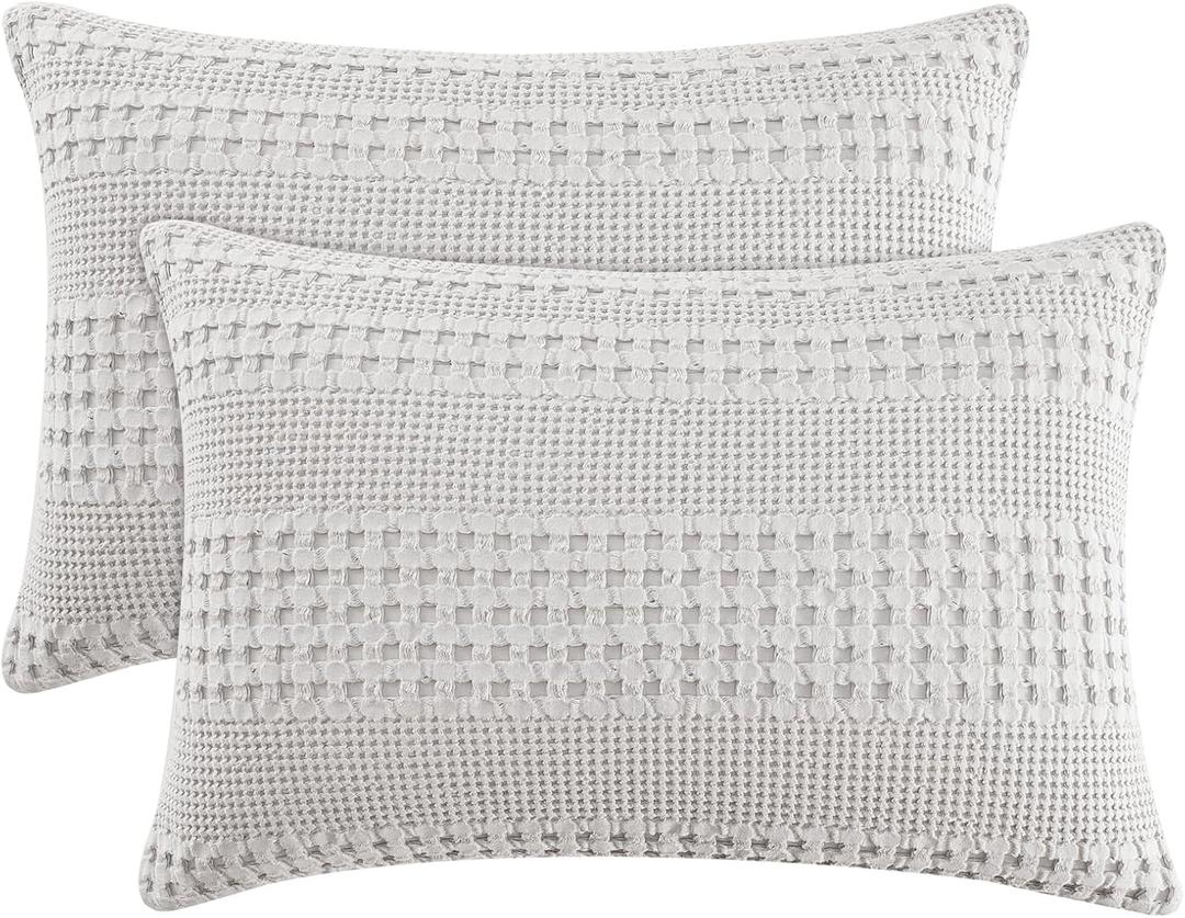 PHF 100% Cotton Waffle Pillow Shams Queen Size, 2 Pack 20" x 35" Soft Skin-Friendly Pillowcases, No Filling, Aesthetic Woven and Breathable Waffle Weave Pillow Case Covers for Bed, Light Grey 