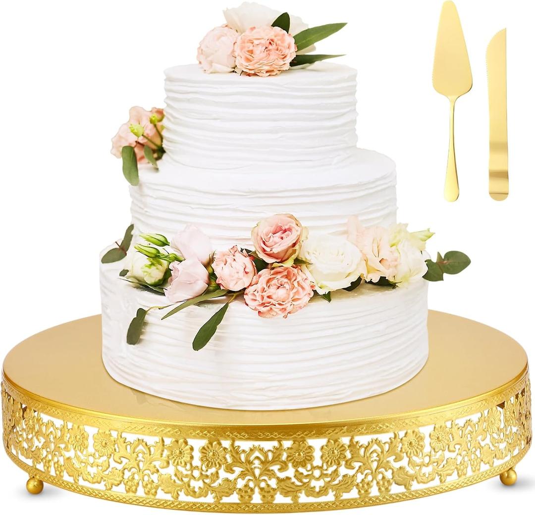 Wenqik 16 Inch Gold Cake Stand Set Metal Round Cupcake Dessert Stand with Cake Cutting, Spatula Wedding Cupcake Pastry Display Candy Holder Display for Wedding Party Birthday Baby Shower(Flower)