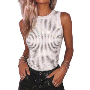 CHICME Womens Summer Sleeveless Ribbed Tank Tops Rhinestone Sparkly Basic Top Slim Fit Party Y2K Outfit (White, XL)