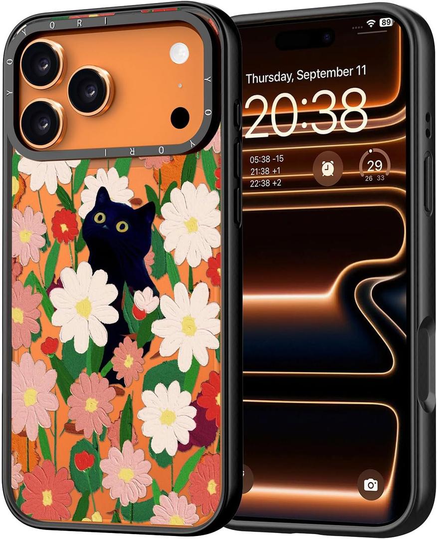 for iPhone 17 Pro Case - [6.6 ft Military-Grade Drop Protection] [Anti-Peel Technology] Clear Black TPU Bumper Case with Cute Design (Cat and Flower)