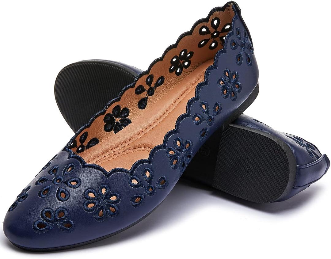 FRACORA Women's Ballet Flats Black PU Leather Dress Shoes Comfortable Round Toe Slip on Flats with Breathable Eyelets (9.5, Navy)