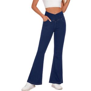Desol Flare Jeans for Women Strechy Bell Bottom Pull On Jeans High Cross Waisted Tummy Control Bootcut Pants with Pockets (X-Large, Darkblue)